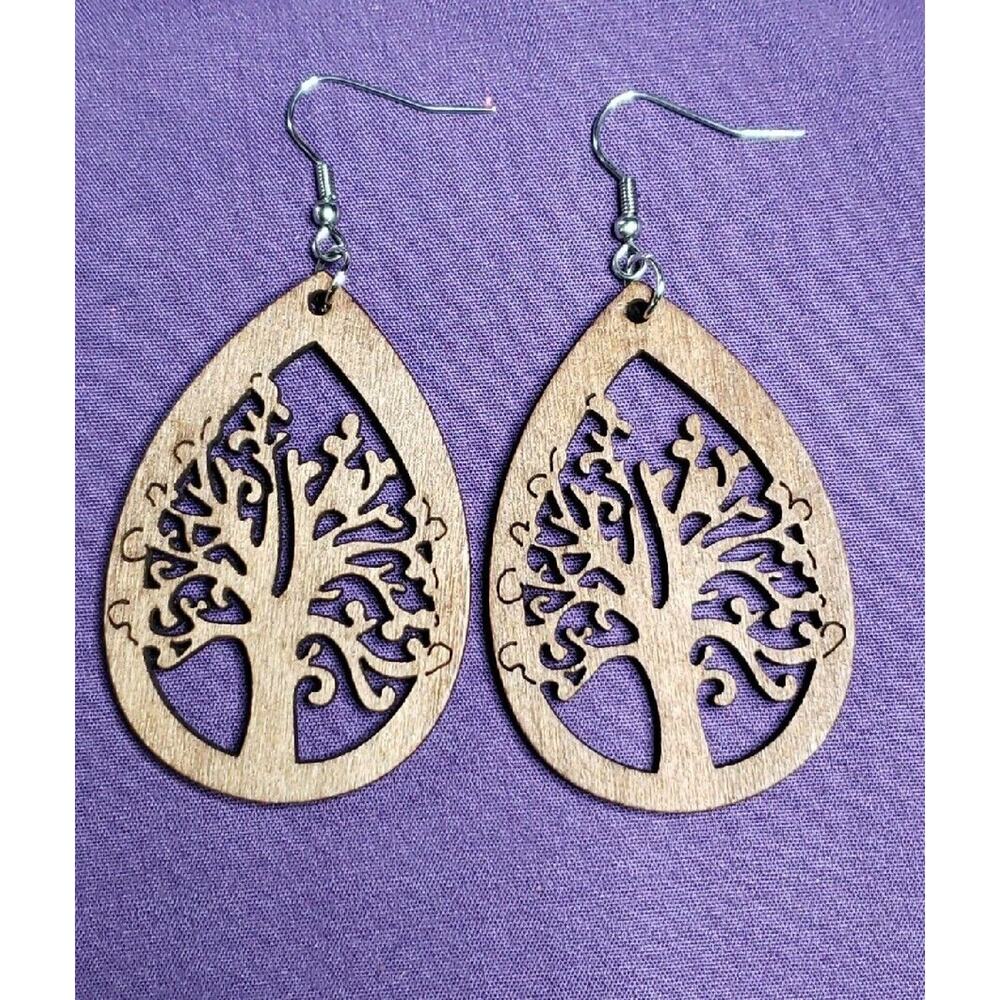 Tree of Life Earrings Open Carved Wood Teardrop Shape Dangle Silver Tone 3"